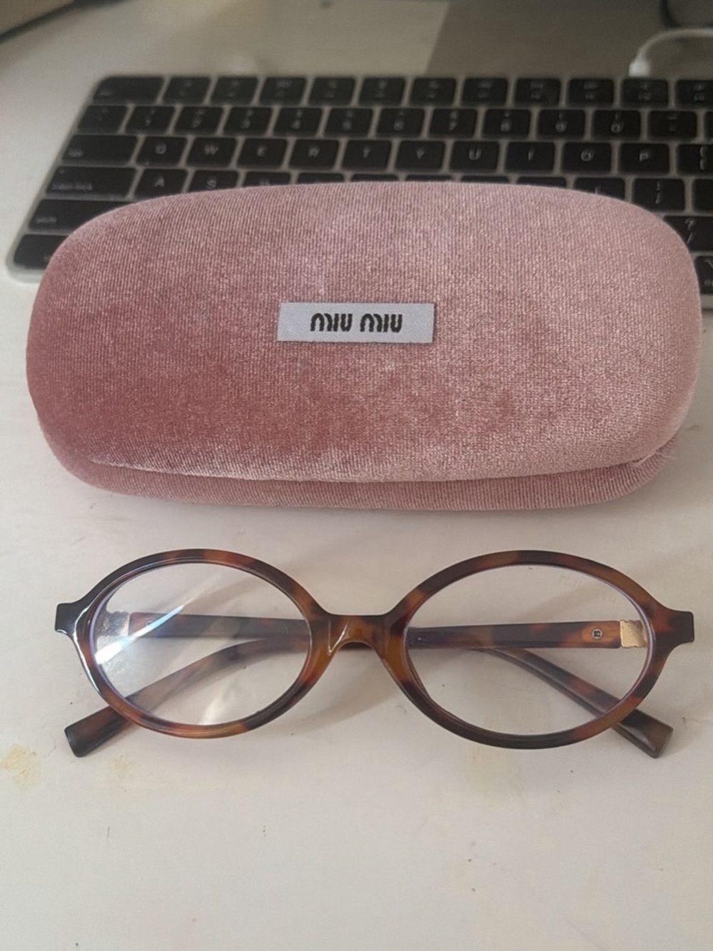 Miu Miu Pink Velvet Case with Tortoiseshell Round Glasses